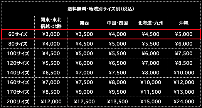 送料無料 60サイズ 地域別サイズ別（税込）