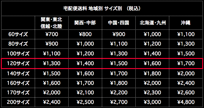 宅配便送料 120サイズ 地域別 サイズ別 税込