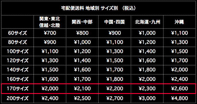 宅配便送料 170サイズ 地域別 サイズ別 税込