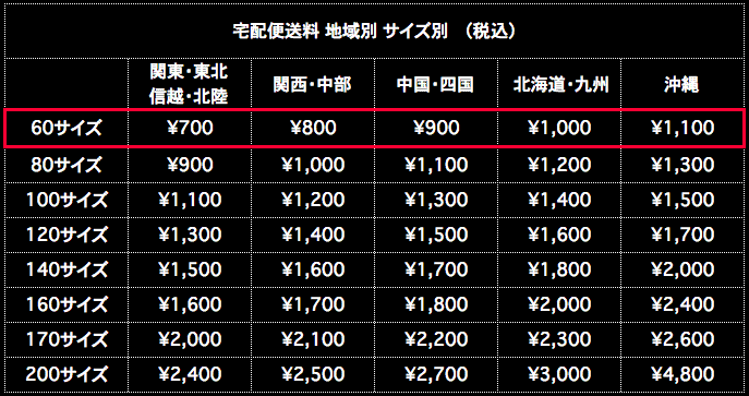 宅配便送料 60サイズ 地域別 サイズ別 税込