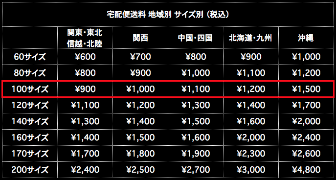 送料100サイズ 地域別 サイズ別 税込