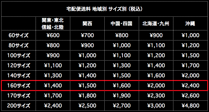 宅配便送料 160サイズ 地域別 サイズ別 税込