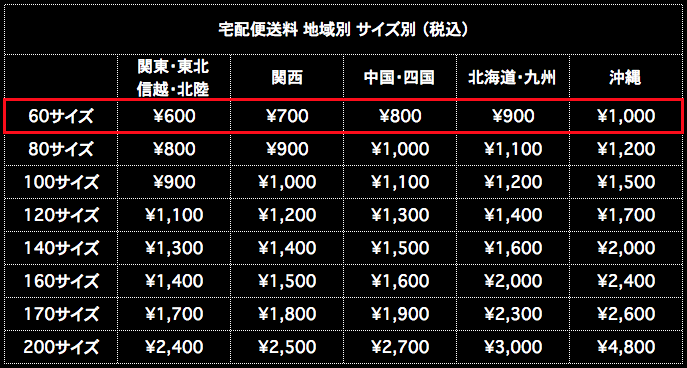 送料60サイズ 地域別 サイズ別 税込